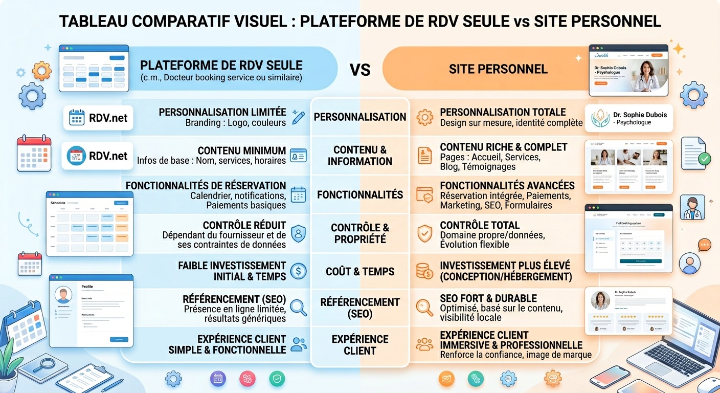 Tableau comparatif visuel Plateforme de RDV seule vs Site personnel
