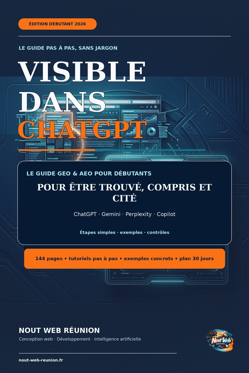 Couverture de l'ebook VISIBLE DANS CHATGPT, guide GEO et AEO de 144 pages par Nout Web Réunion