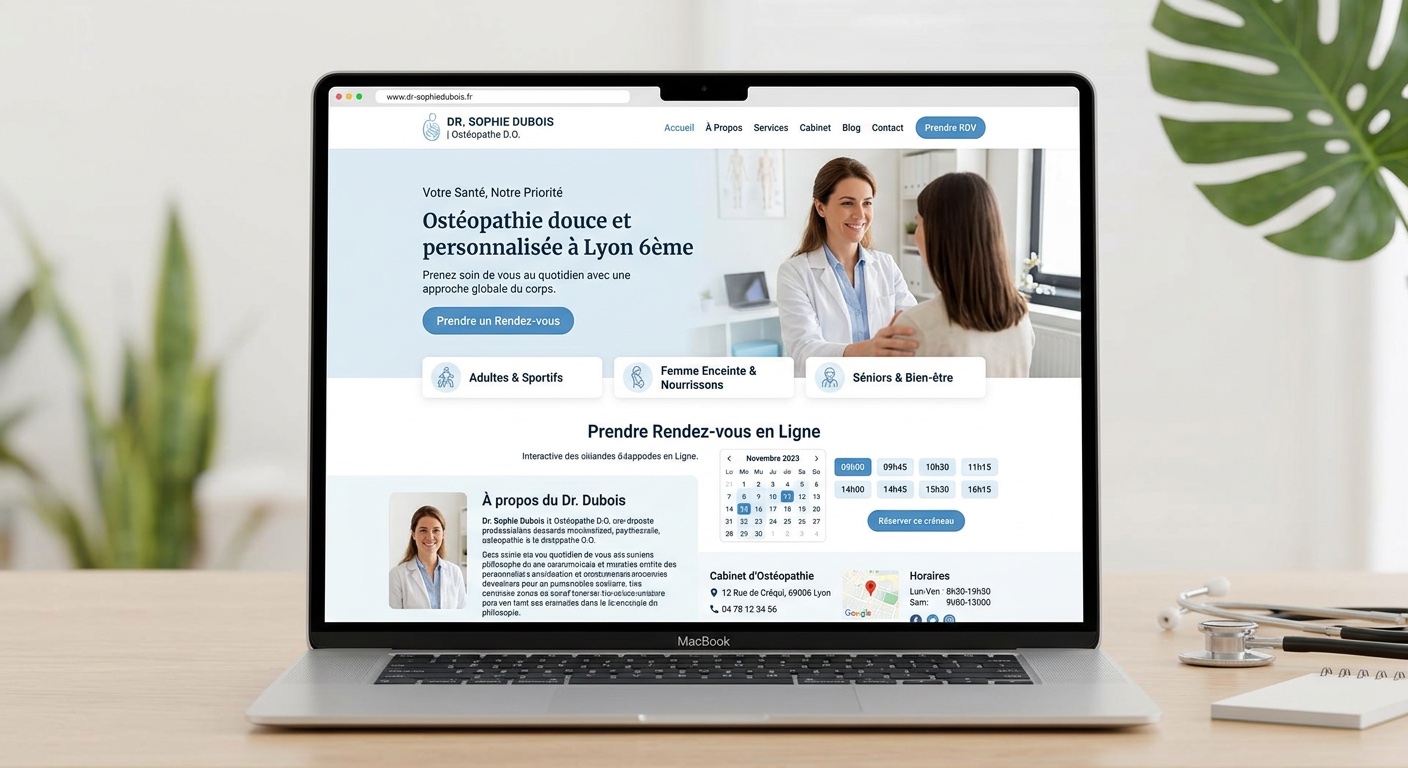 Mockup d'un site de praticien bien structuré avec prise de RDV