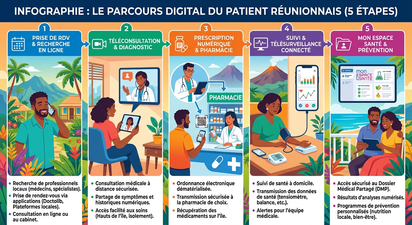 Infographie parcours digital du patient réunionnais en 5 étapes