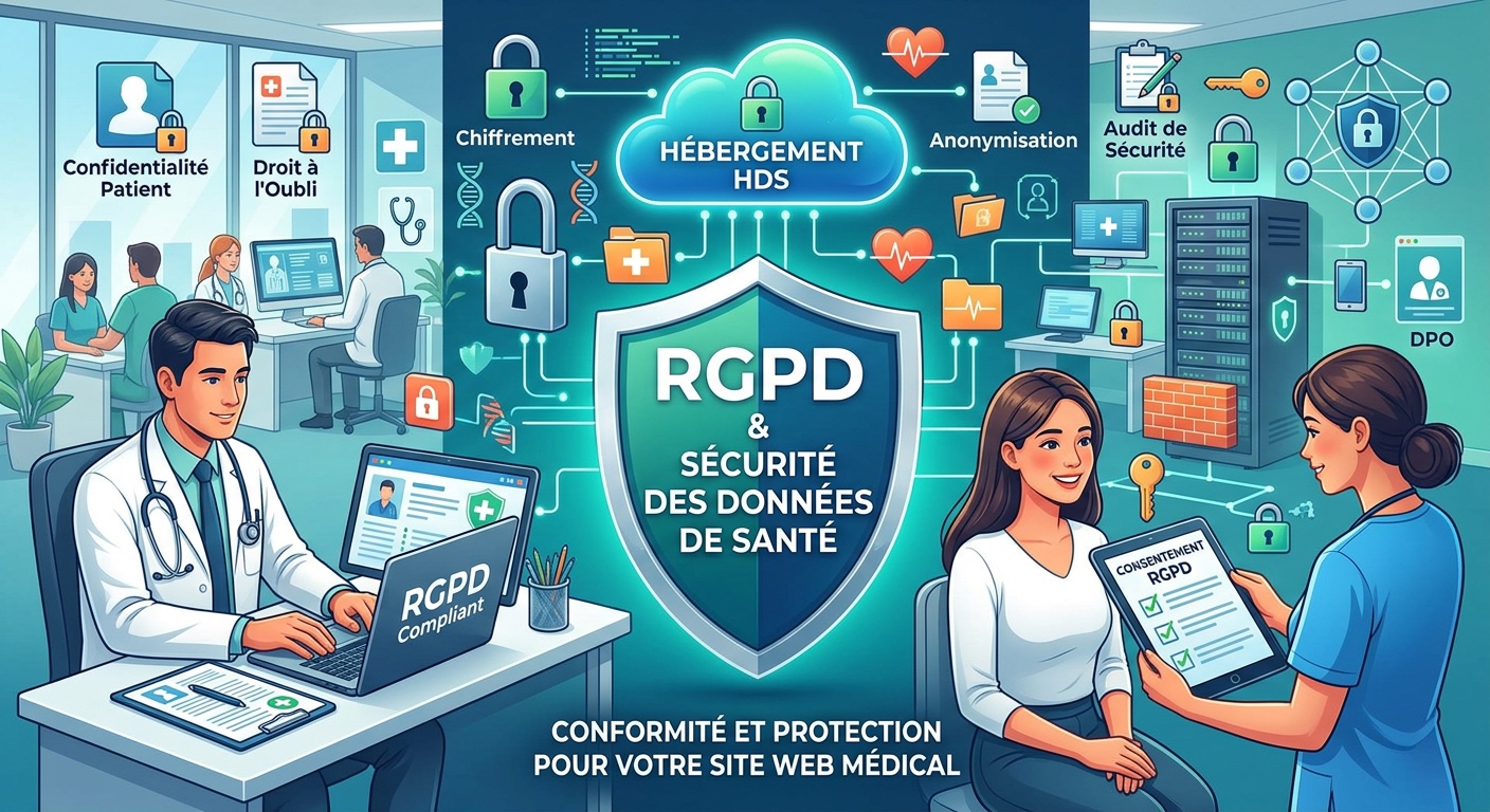 Illustration RGPD et sécurité des données de santé sur site web médical