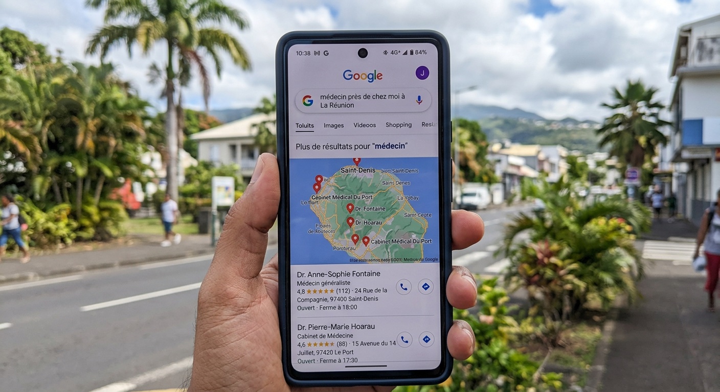 Écran de smartphone montrant une recherche Google médecin près de chez moi à La Réunion