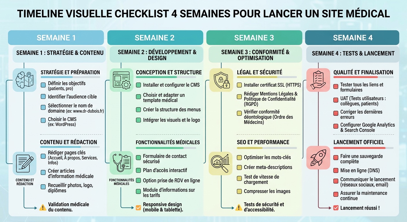 Timeline visuelle checklist 4 semaines pour lancer site médical
