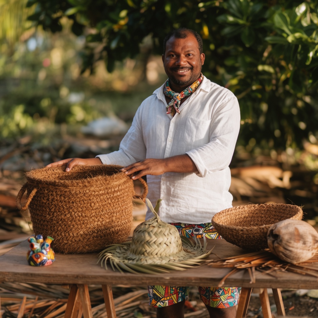Artisan réunionnais présentant ses créations fait-main comme cadeaux — kayamb, céramique, tressage de coco