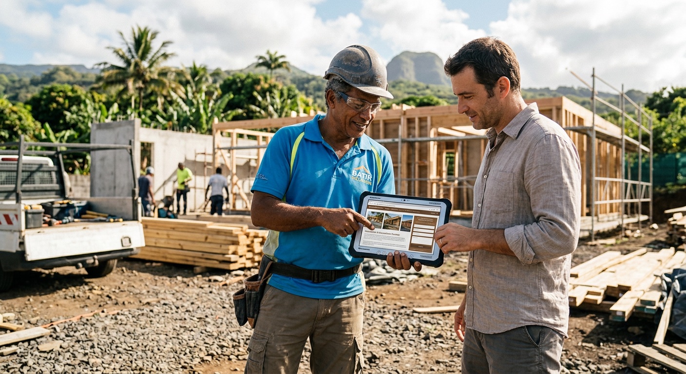 Un artisan sur un chantier à La Réunion montrant une tablette avec son site web à un client