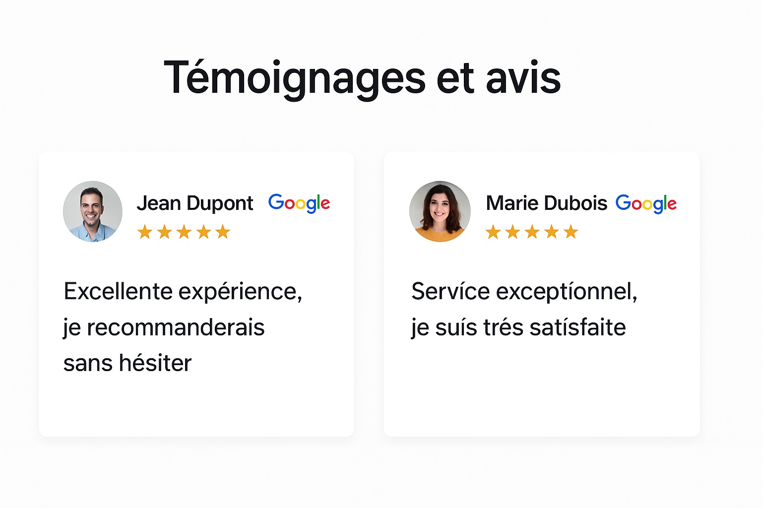 Témoignages et avis Google intégrés de manière esthétique sur un site web