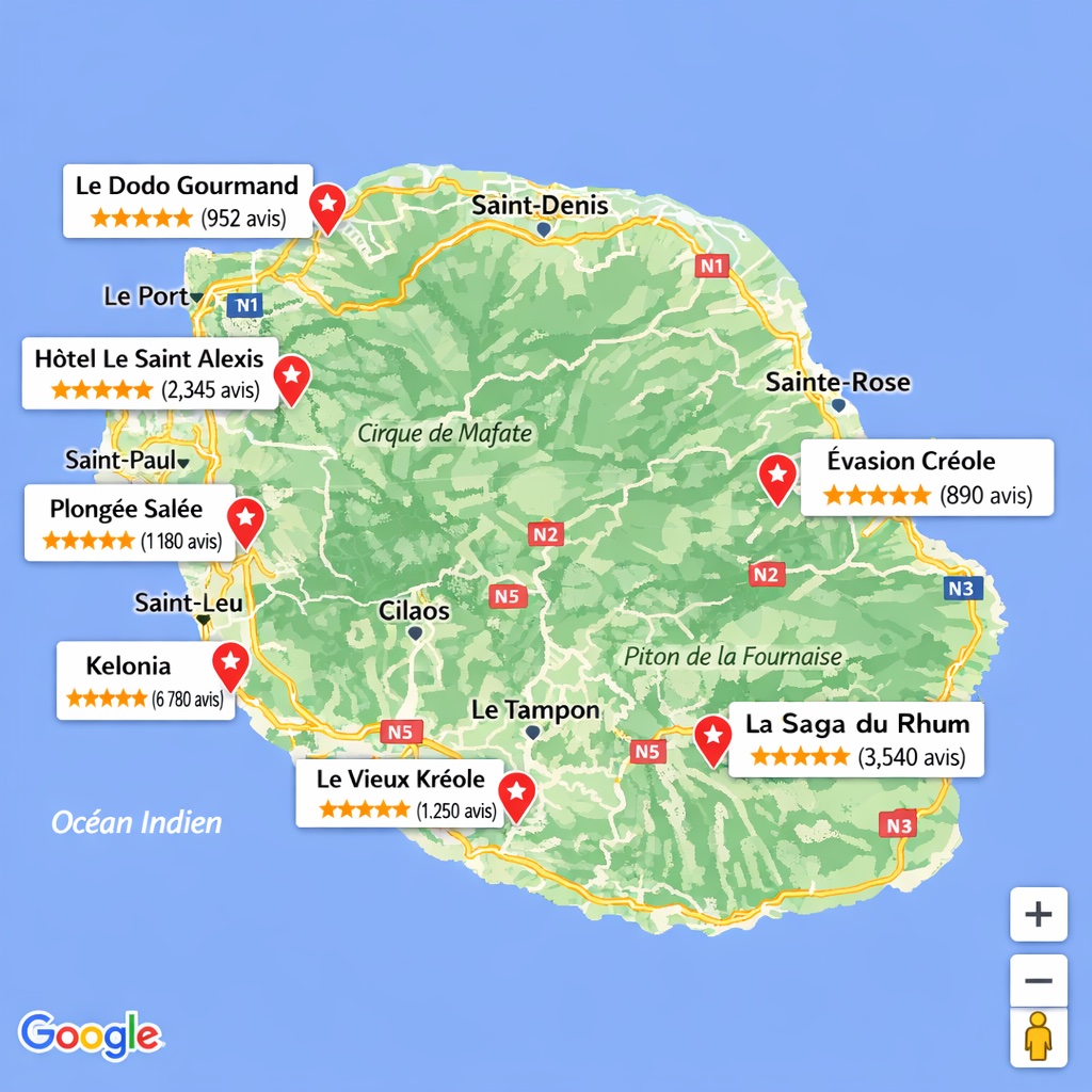 Carte Google Maps de La Réunion montrant des entreprises bien positionnées grâce aux avis