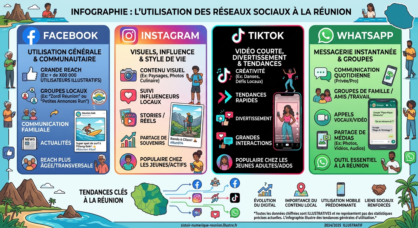 Infographie utilisation réseaux sociaux La Réunion Facebook Instagram TikTok WhatsApp