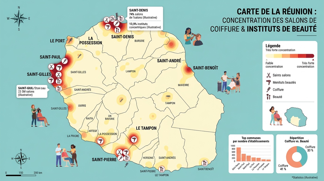 Carte de La Réunion montrant les zones de concentration des salons de coiffure et instituts de beauté