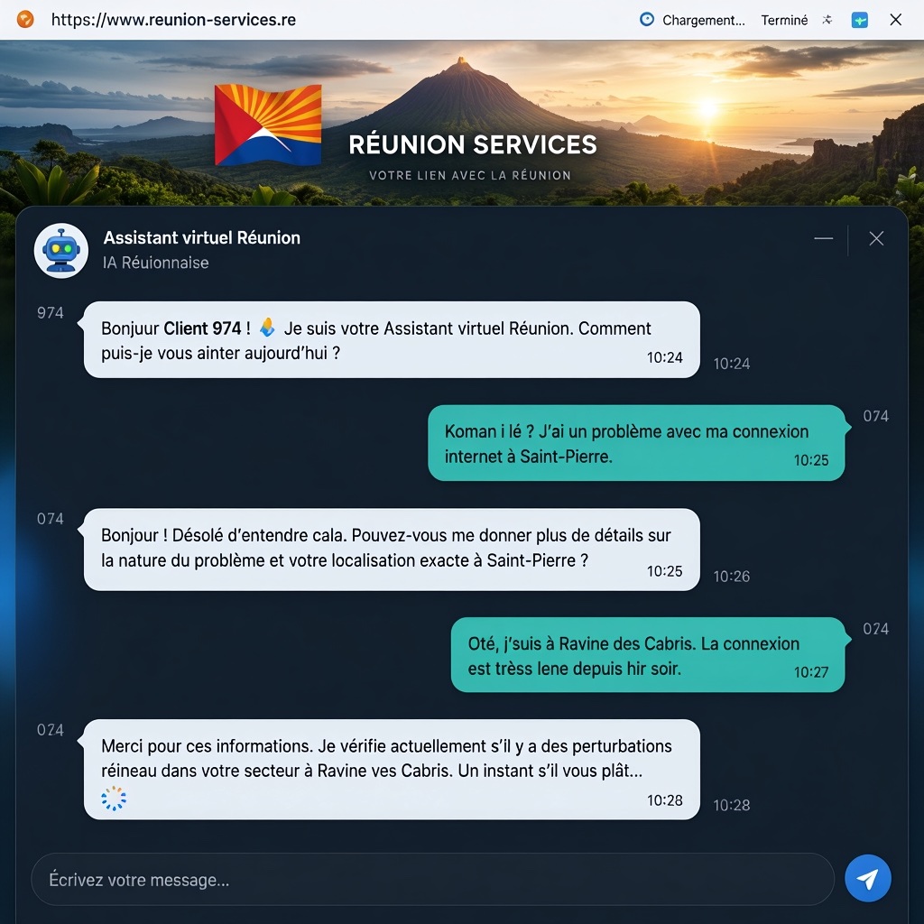 Capture d'écran d'une conversation entre un client 974 et un chatbot IA sur un site réunionnais