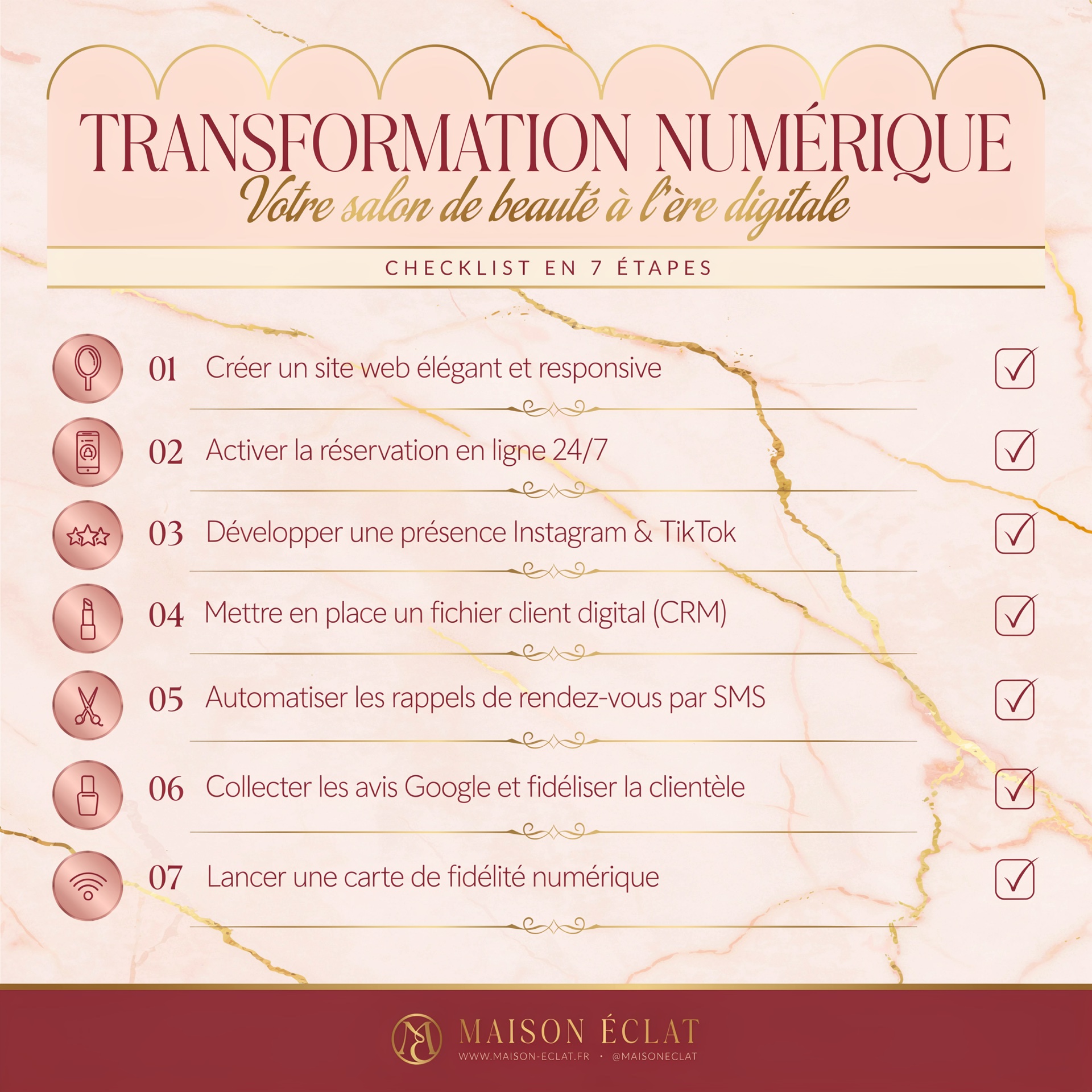 Checklist design pour la transformation numérique d'un salon de beauté dans les tons rose et doré