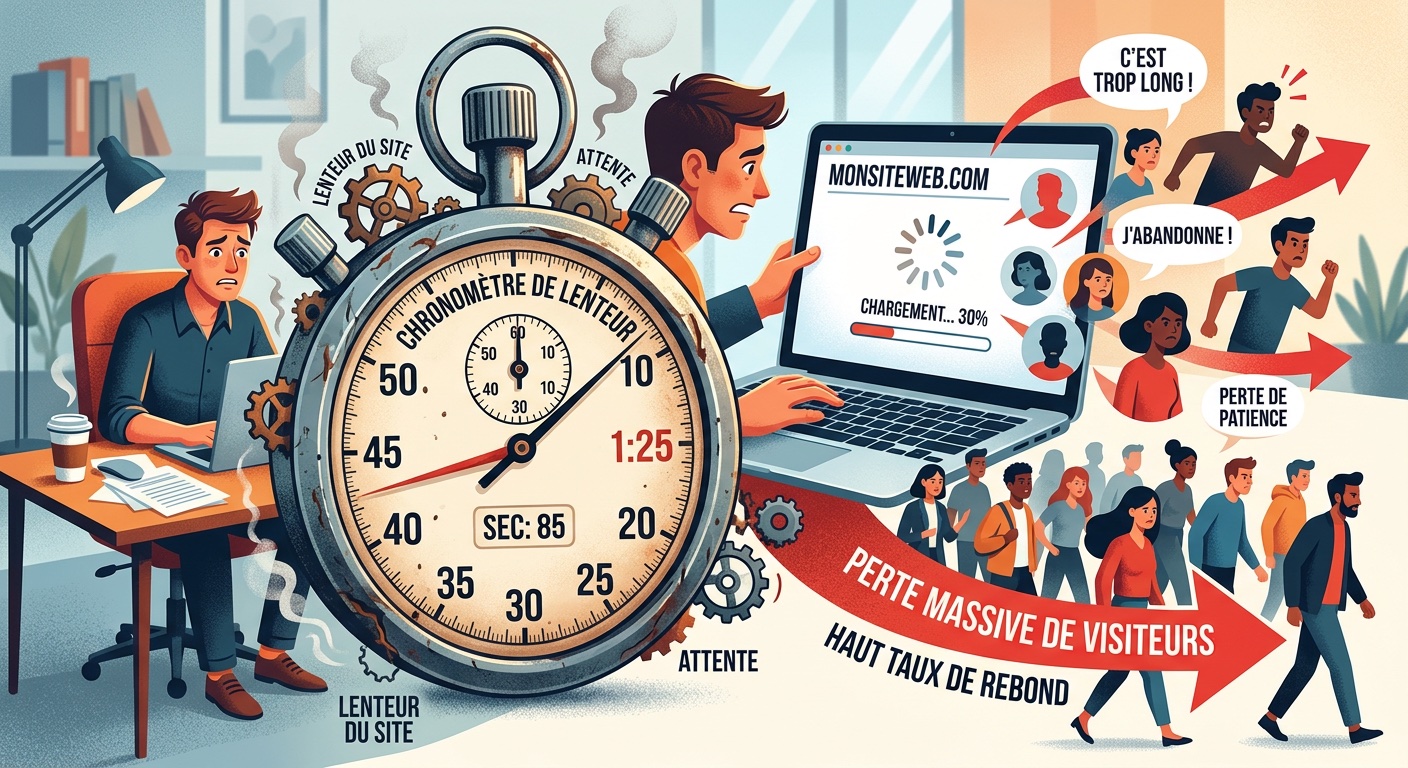 Chronomètre illustrant la lenteur d'un site web et la perte de visiteurs