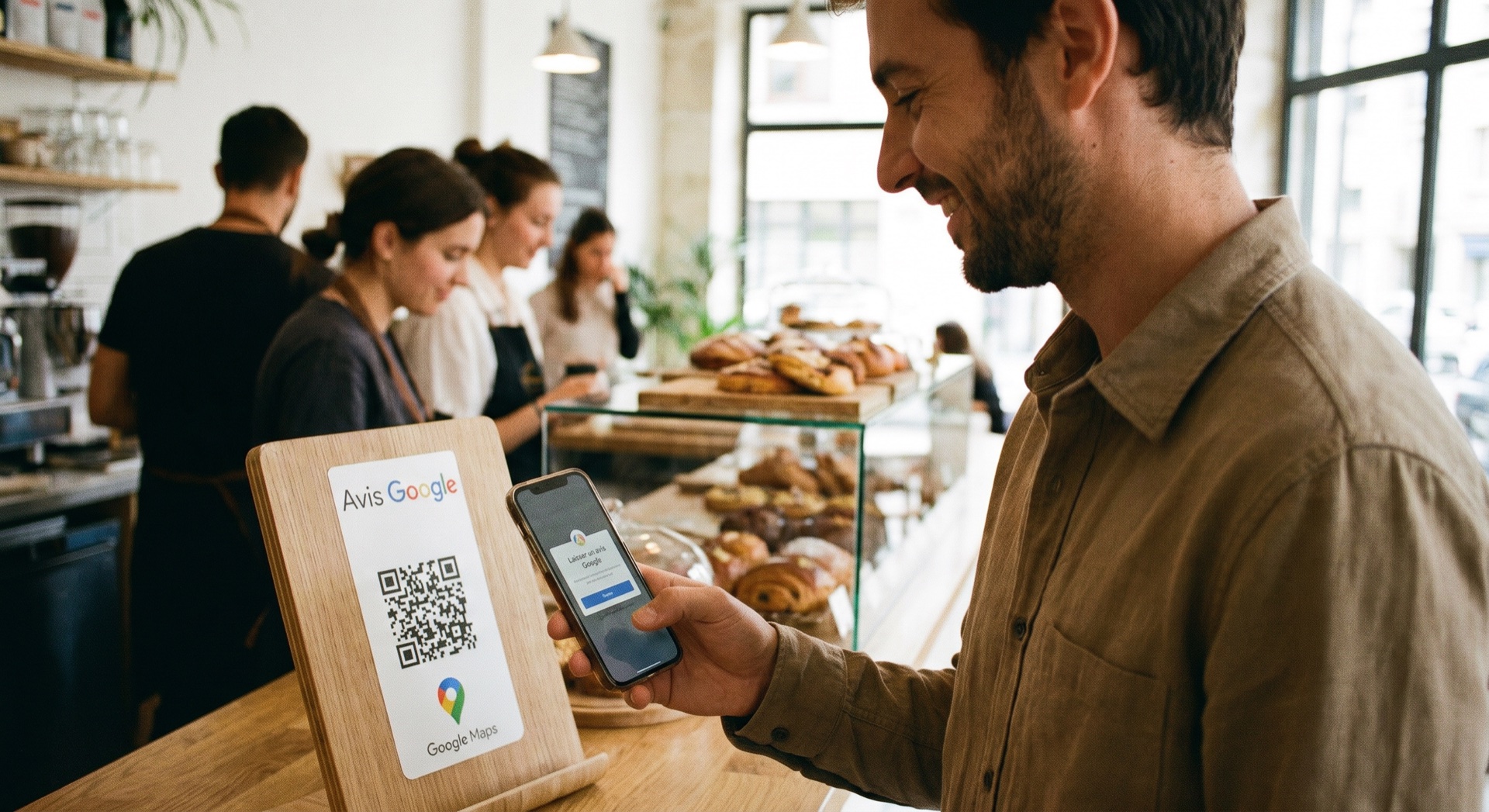 Client scannant un QR Code pour laisser un avis Google sur smartphone