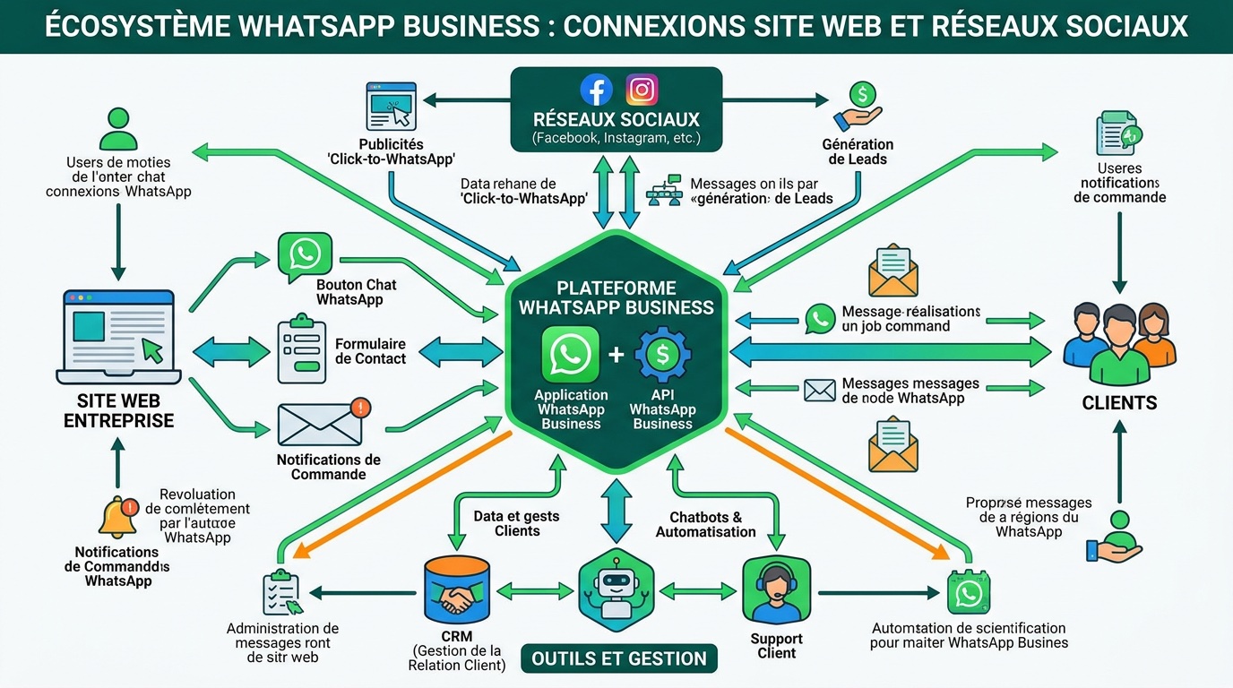 Schéma écosystème WhatsApp Business connecté au site et réseaux sociaux