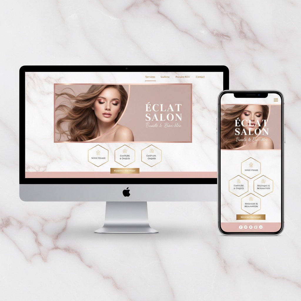 Maquette de site web pour salon de beauté sur mobile et desktop avec design moderne rose et doré