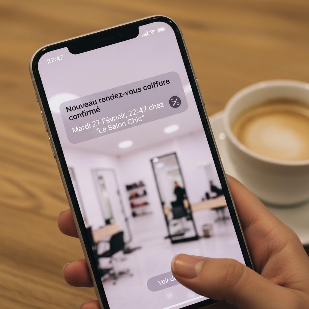Smartphone affichant une notification de nouveau rendez-vous coiffure confirmé à 22h47