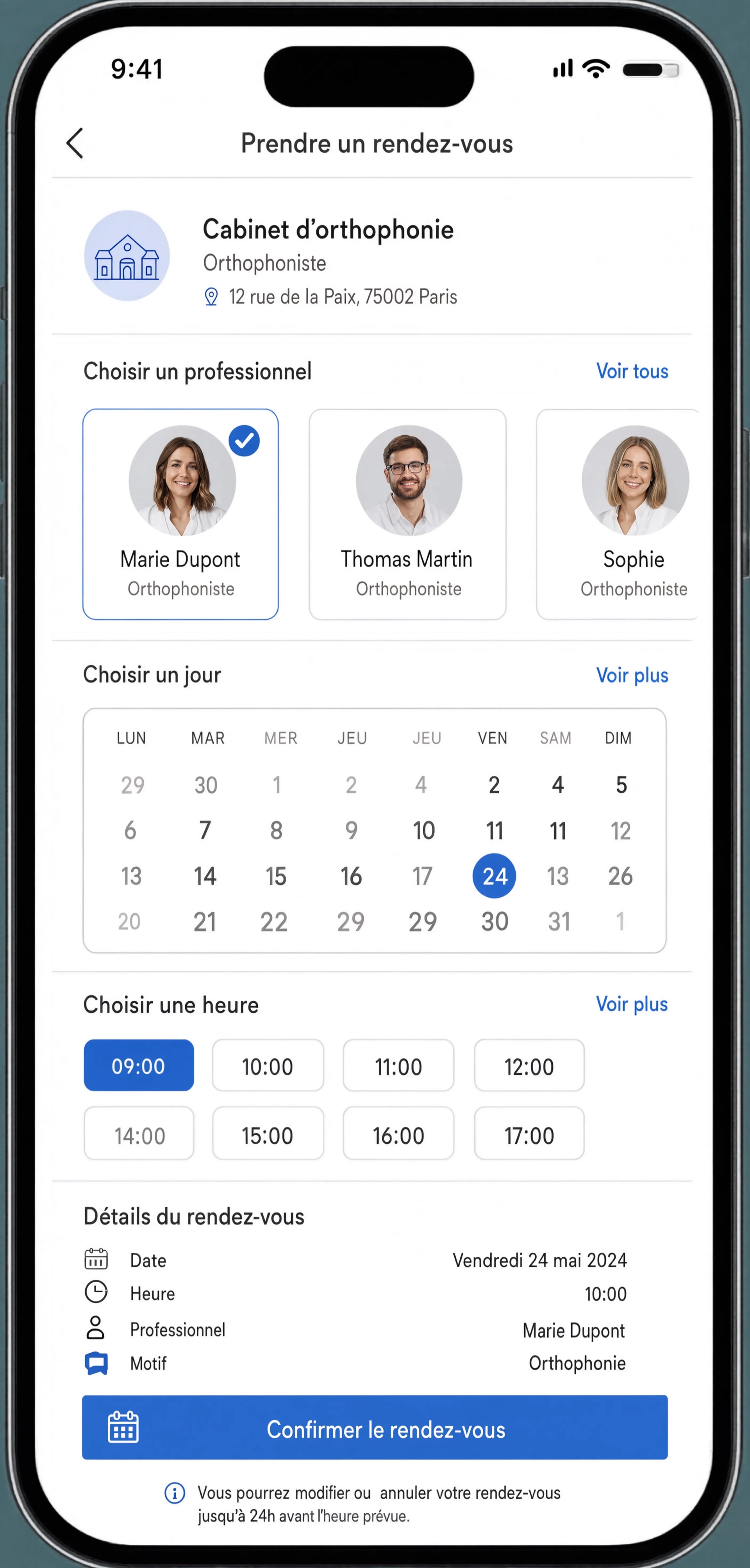 Interface de prise de rendez-vous en ligne sur smartphone pour un cabinet libéral