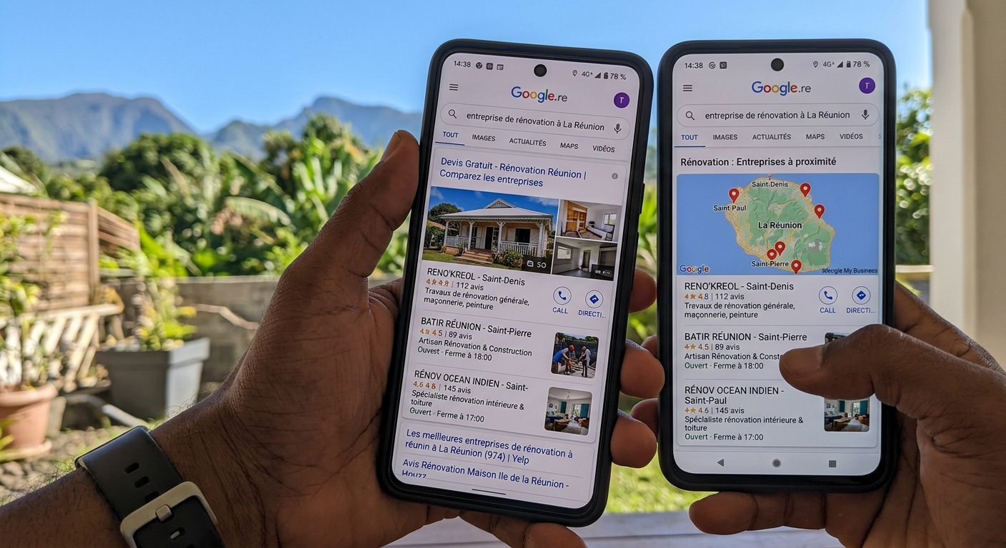 Résultat de recherche Google sur mobile pour entreprise de rénovation à La Réunion avec pack local