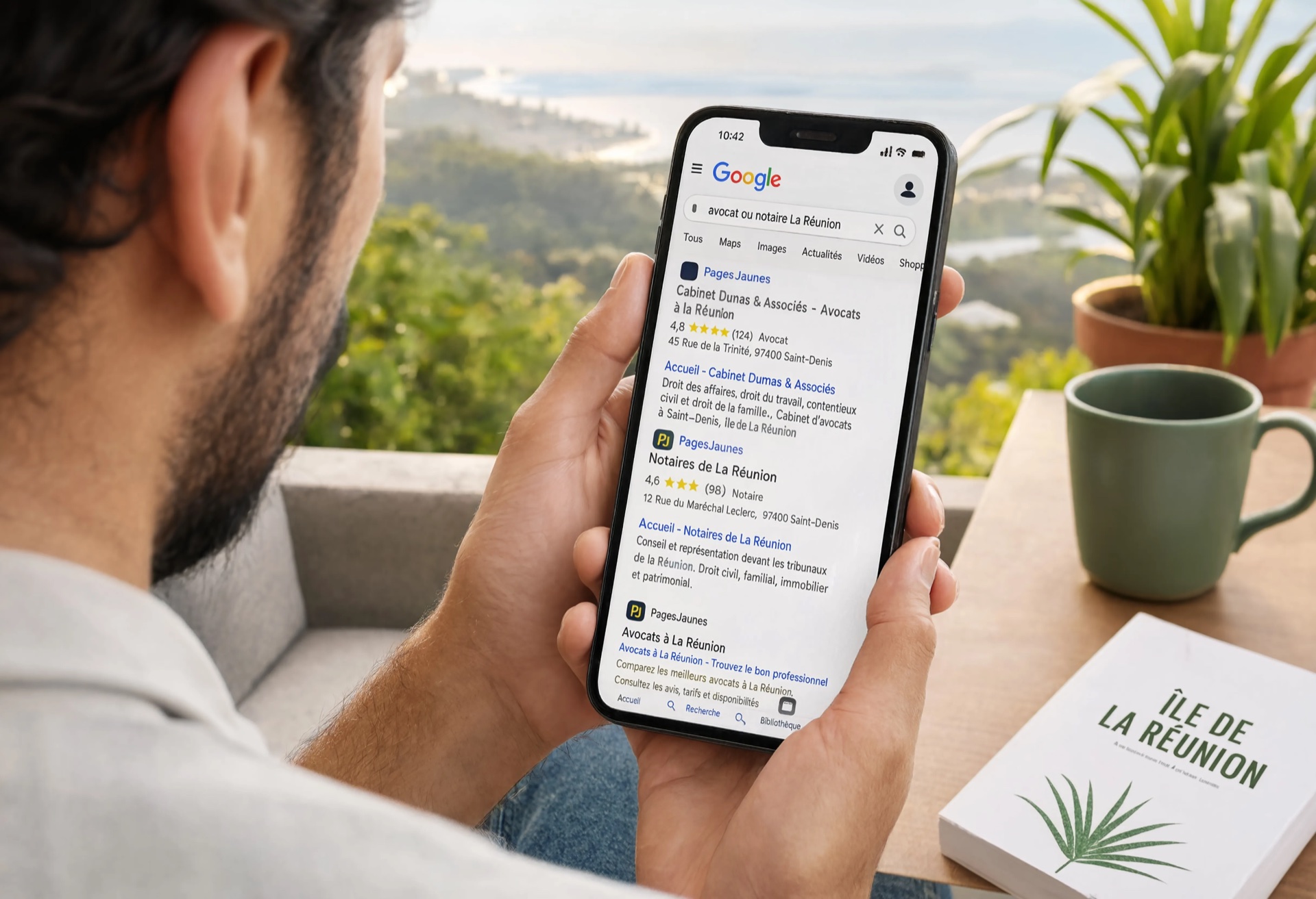 Personne cherchant un avocat ou notaire sur Google à La Réunion depuis son smartphone
