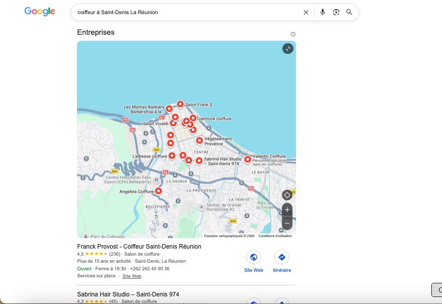 Résultat de recherche Google Maps pour coiffeur à Saint-Denis La Réunion montrant le pack local