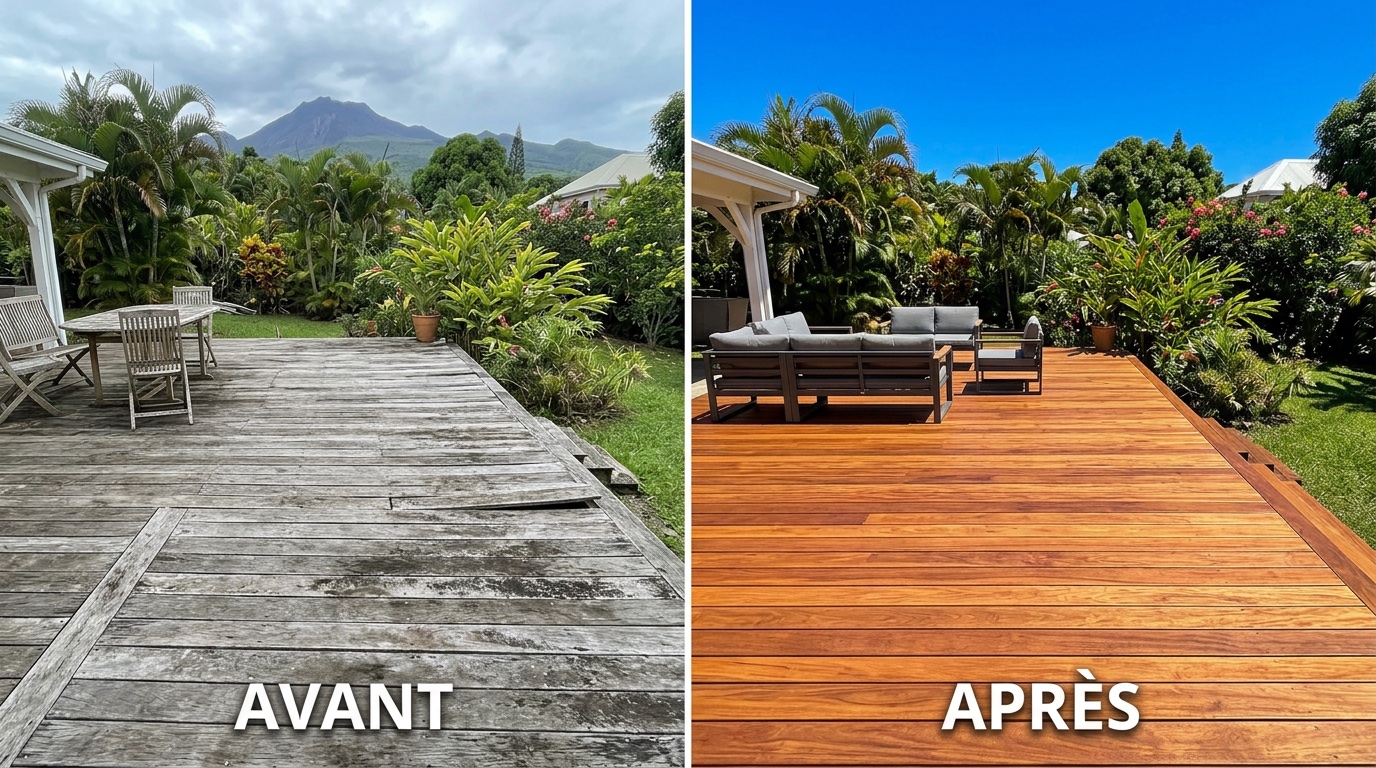 Avant-après d'une rénovation de terrasse en bois type endormi ou teck à La Réunion