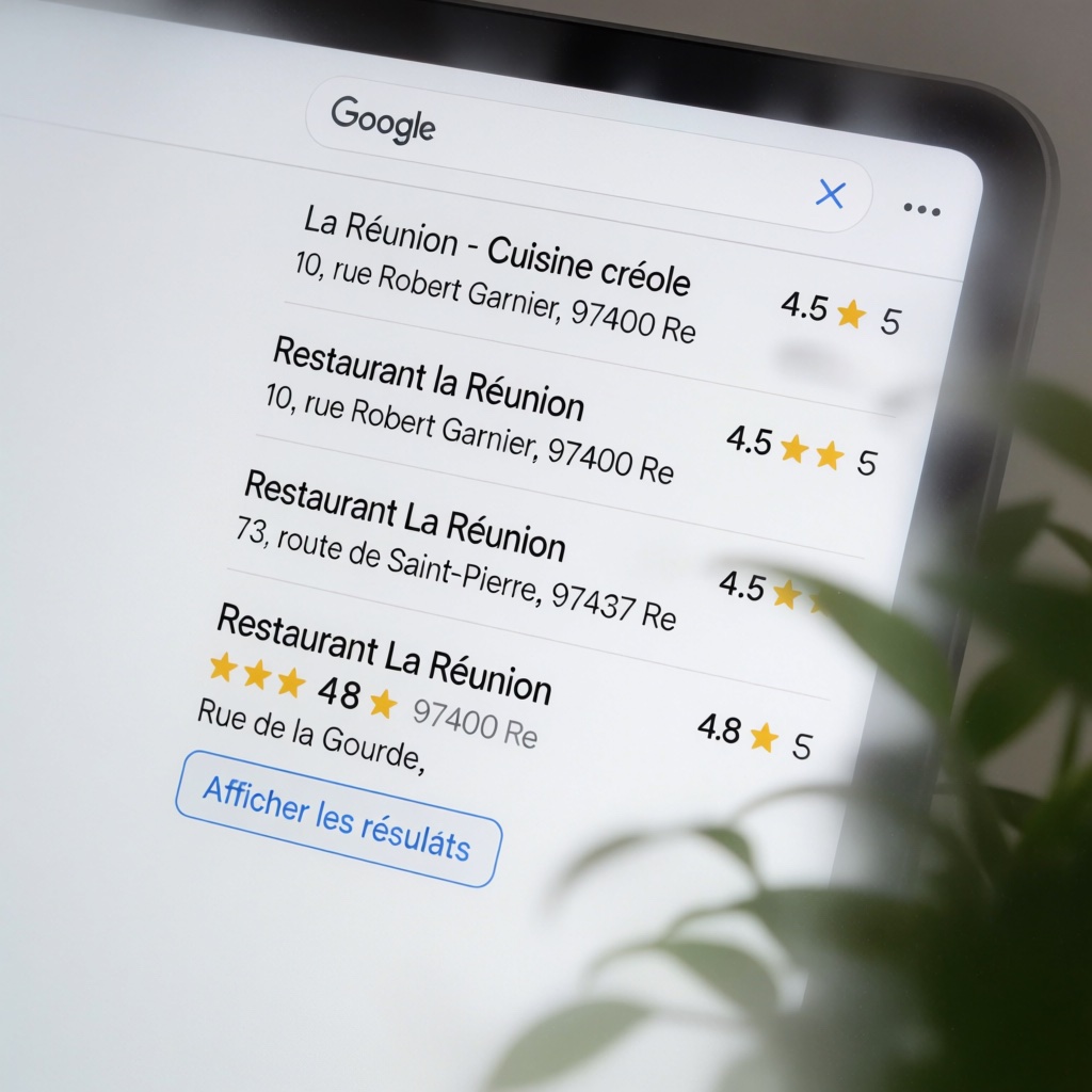 Résultats de recherche Google locaux montrant des entreprises réunionnaises