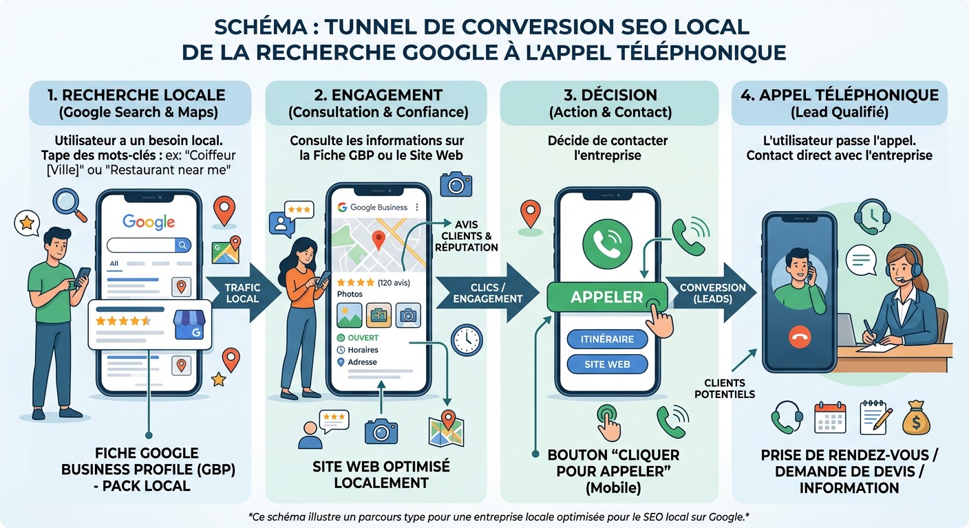Schéma tunnel de conversion SEO local de la recherche Google à l'appel téléphonique